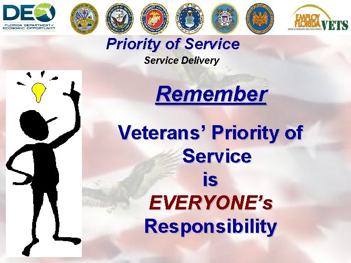 Priority of Service Delivery Remember Veterans’ Priority of Service is EVERYONE’s Responsibility 
