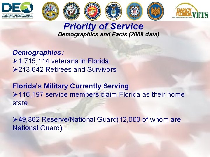 Priority of Service Demographics and Facts (2008 data) Demographics: Ø 1, 715, 114 veterans