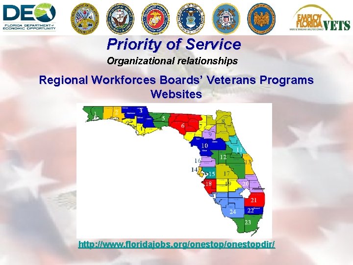 Priority of Service Organizational relationships Regional Workforces Boards’ Veterans Programs Websites  http: //www.