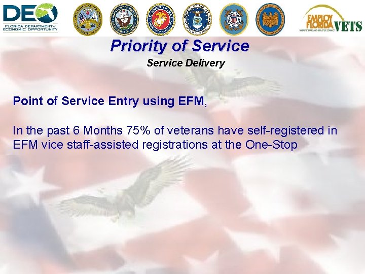 Priority of Service Delivery Point of Service Entry using EFM, In the past 6