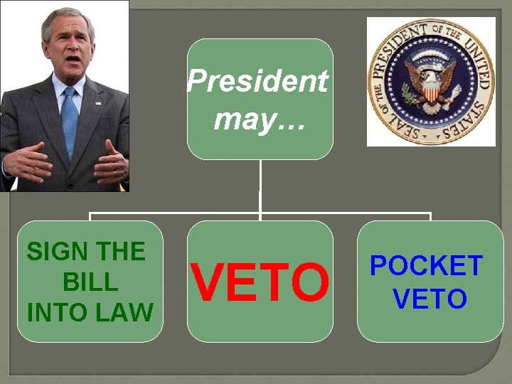 President may… SIGN THE BILL INTO LAW VETO POCKET VETO 