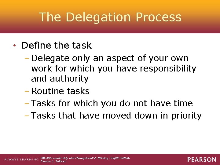 The Delegation Process • Define the task – Delegate only an aspect of your