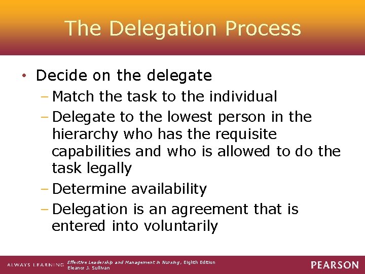 The Delegation Process • Decide on the delegate – Match the task to the