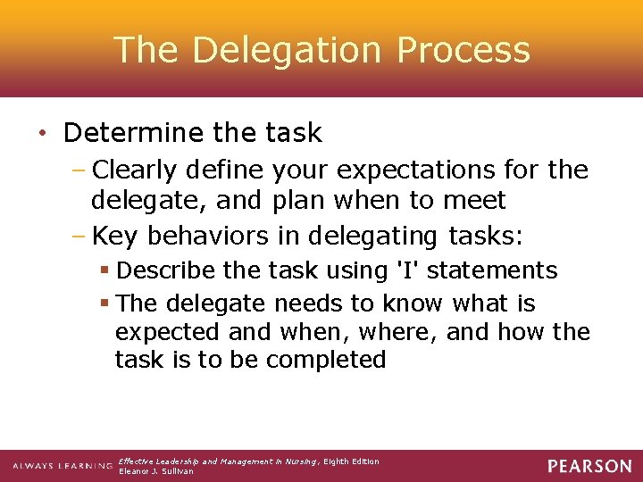 The Delegation Process • Determine the task – Clearly define your expectations for the
