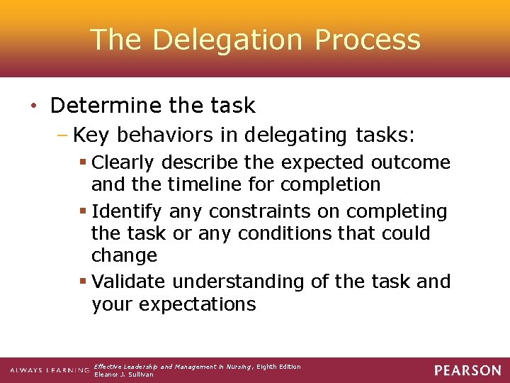 The Delegation Process • Determine the task – Key behaviors in delegating tasks: §