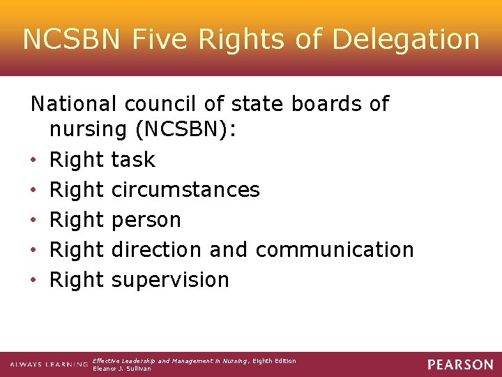 NCSBN Five Rights of Delegation National council of state boards of nursing (NCSBN): •