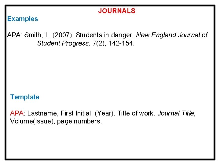 JOURNALS Examples APA: Smith, L. (2007). Students in danger. New England Journal of Student