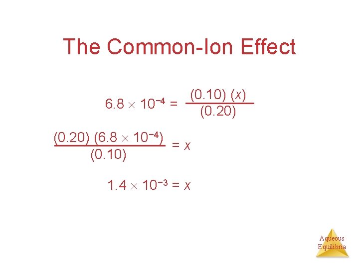 The Common-Ion Effect 6. 8 10− 4 (0. 10) (x) = (0. 20) (6.