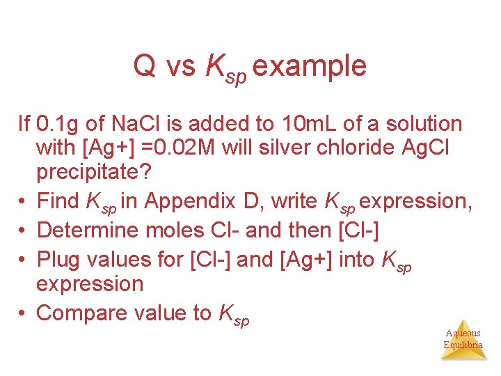 Q vs Ksp example If 0. 1 g of Na. Cl is added to