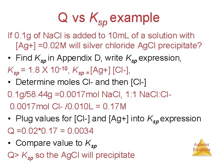 Q vs Ksp example If 0. 1 g of Na. Cl is added to