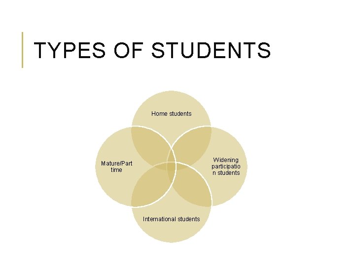 TYPES OF STUDENTS Home students Widening participatio n students Mature/Part time International students 