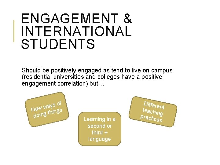 ENGAGEMENT & INTERNATIONAL STUDENTS Should be positively engaged as tend to live on campus