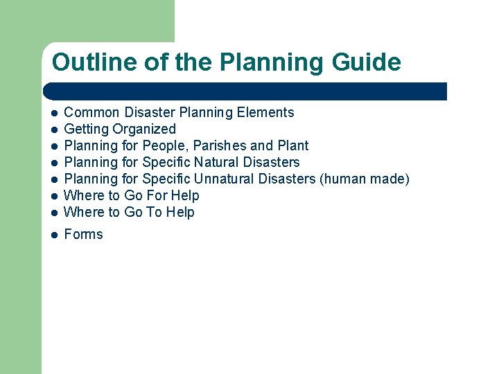 Outline of the Planning Guide l Common Disaster Planning Elements Getting Organized Planning for