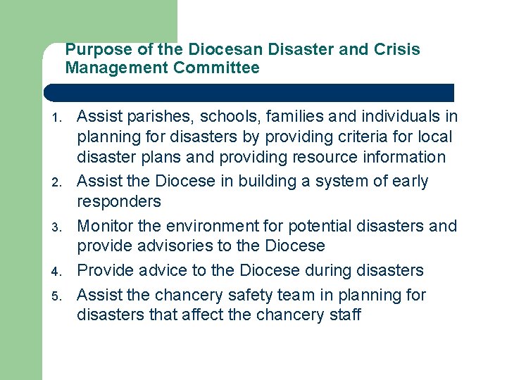 Purpose of the Diocesan Disaster and Crisis Management Committee 1. 2. 3. 4. 5.