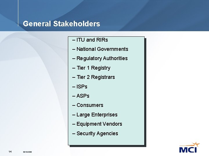 General Stakeholders – ITU and RIRs – National Governments – Regulatory Authorities – Tier