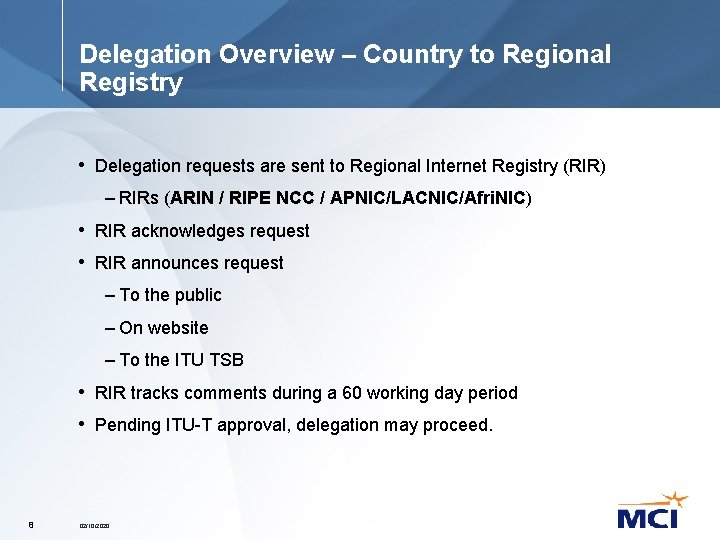 Delegation Overview – Country to Regional Registry • Delegation requests are sent to Regional