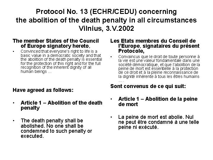Protocol No. 13 (ECHR/CEDU) concerning the abolition of the death penalty in all circumstances