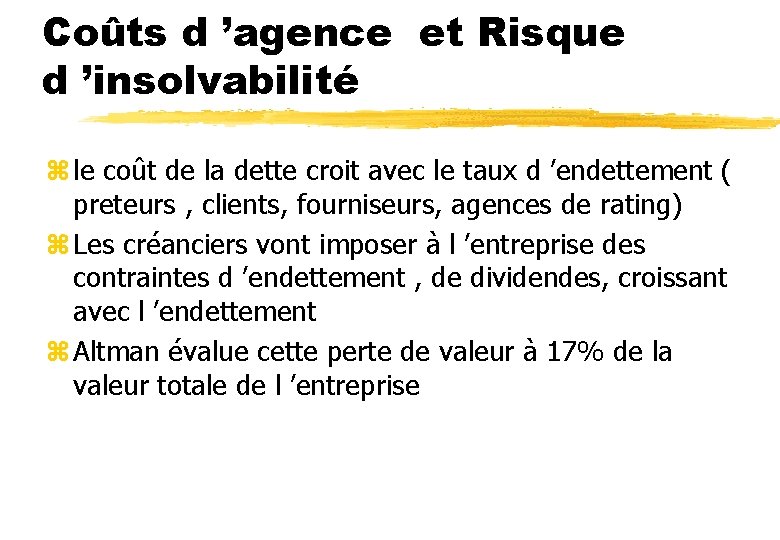 Coûts d ’agence et Risque d ’insolvabilité z le coût de la dette croit