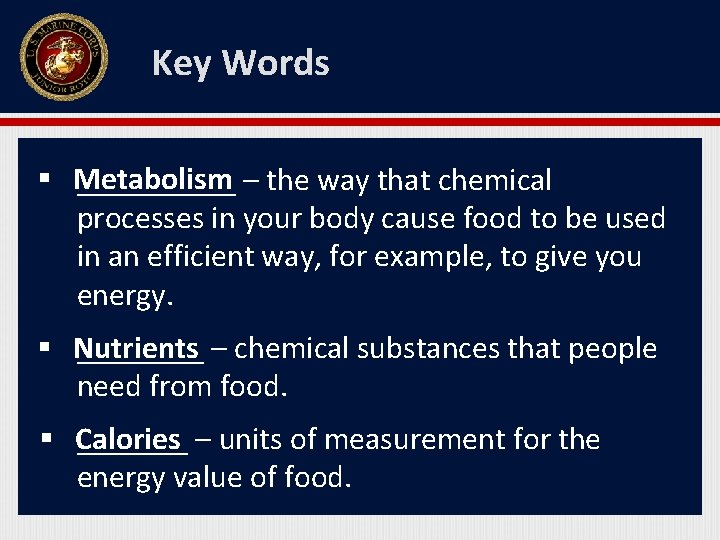 Key Words § Metabolism _____ – the way that chemical processes in your body