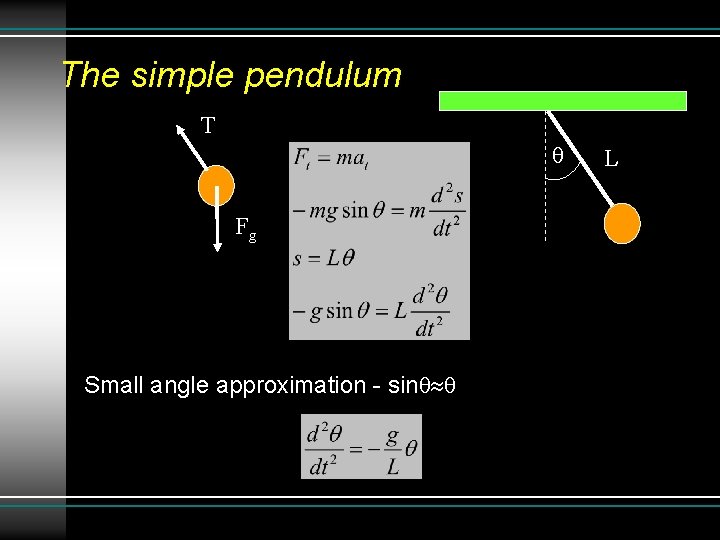 The simple pendulum T Fg Small angle approximation - sin L 