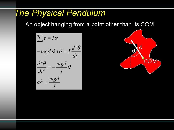 The Physical Pendulum An object hanging from a point other than its COM d