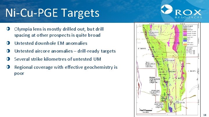 Ni-Cu-PGE Targets Olympia lens is mostly drilled out, but drill spacing at other prospects