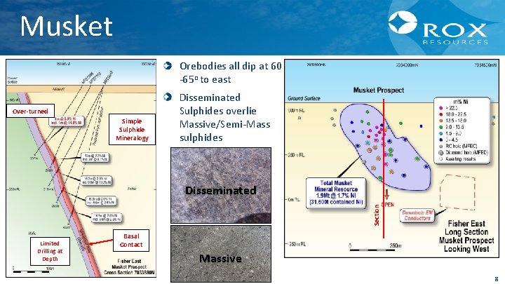 Musket Orebodies all dip at 60 -65 o to east Over-turned Simple Sulphide Mineralogy