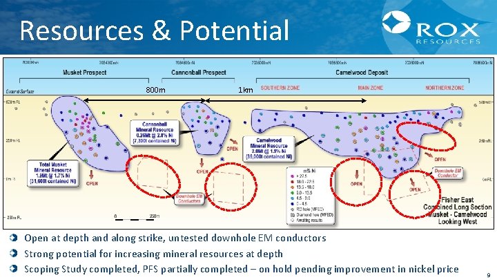 Resources & Potential 800 m 1 km Open at depth and along strike, untested