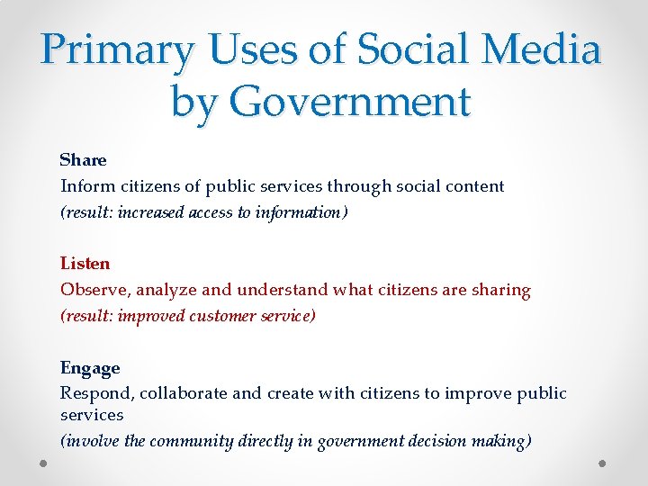 Primary Uses of Social Media by Government Share Inform citizens of public services through
