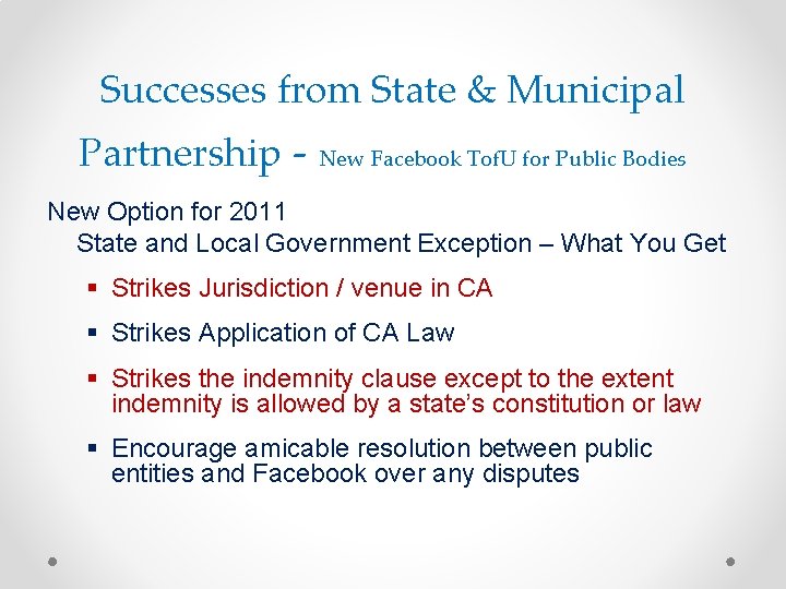 Successes from State & Municipal Partnership - New Facebook Tof. U for Public Bodies
