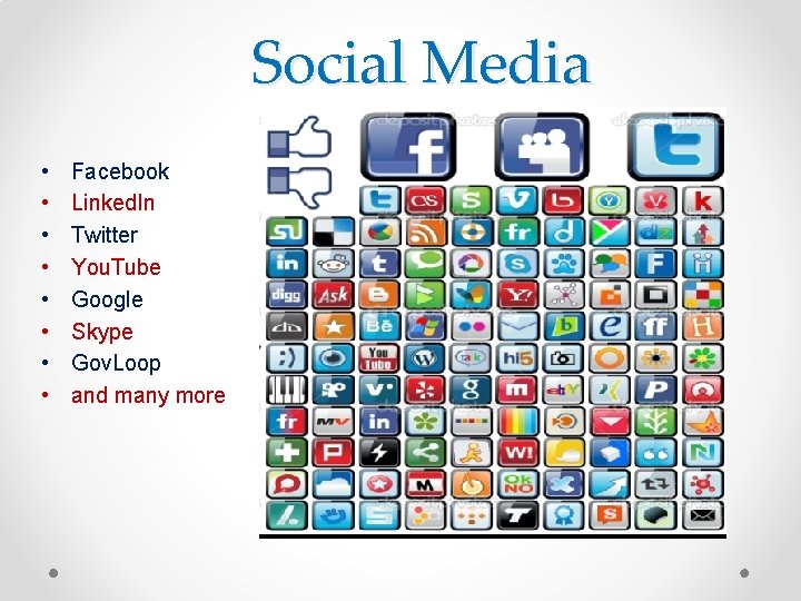 Social Media • • Facebook Linked. In Twitter You. Tube Google Skype Gov. Loop