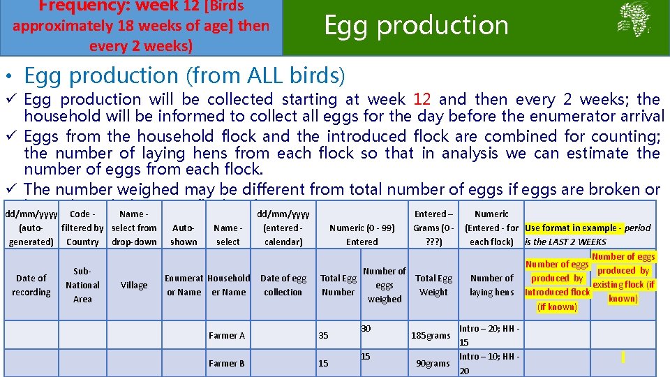 Frequency: week 12 [Birds approximately 18 weeks of age] then Egg production every 2