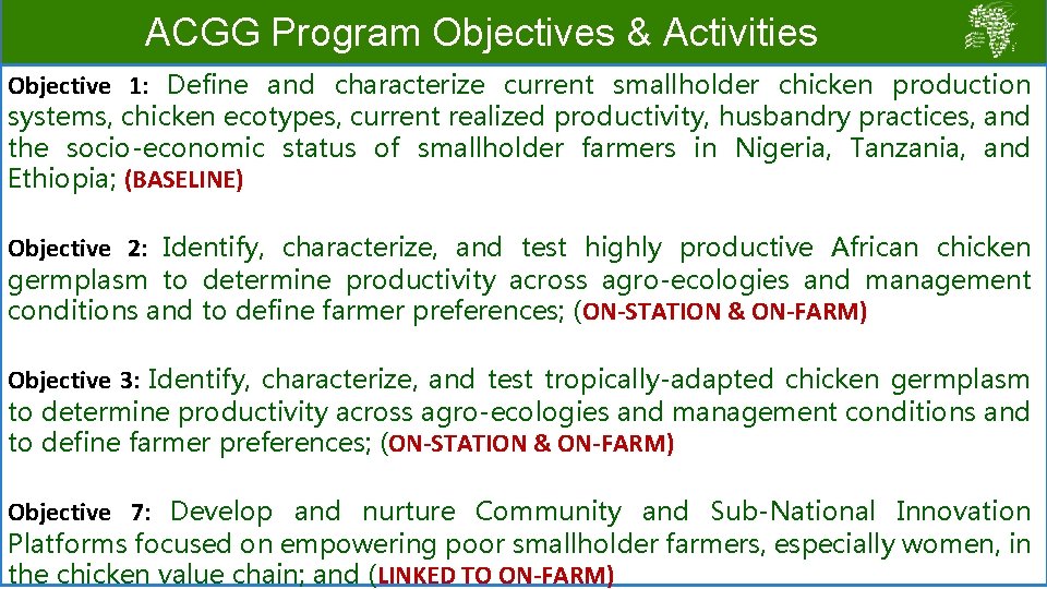 ACGG Program Objectives & Activities Objective 1: Define and characterize current smallholder chicken production