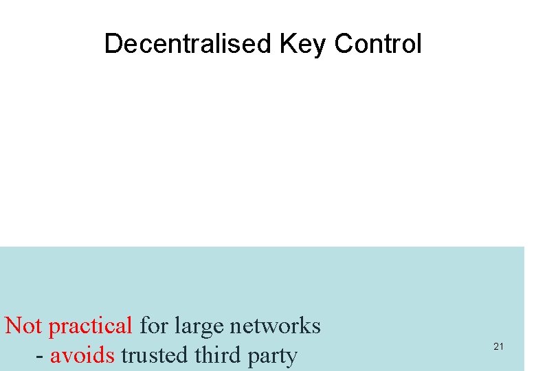 Decentralised Key Control Not practical for large networks - avoids trusted third party 21