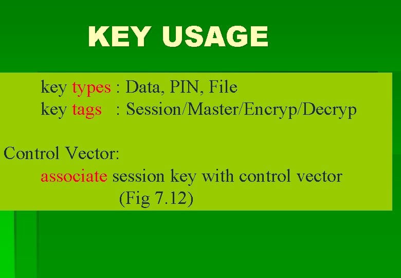 KEY USAGE key types : Data, PIN, File key tags : Session/Master/Encryp/Decryp Control Vector: