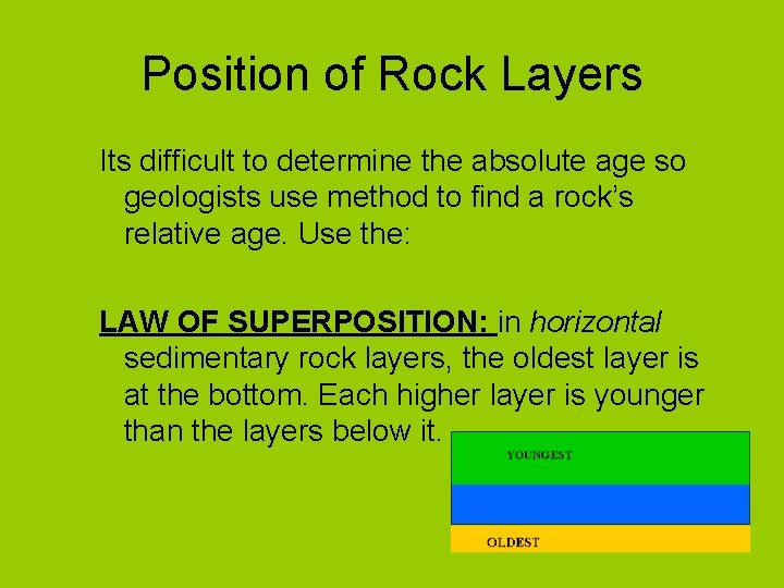 Position of Rock Layers Its difficult to determine the absolute age so geologists use