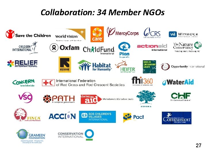 Collaboration: 34 Member NGOs 27 