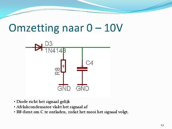 Omzetting naar 0 – 10 V • Diode richt het signaal gelijk • Afvlakcondensator