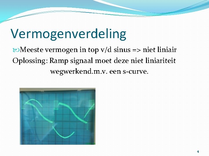 Vermogenverdeling Meeste vermogen in top v/d sinus => niet liniair Oplossing: Ramp signaal moet