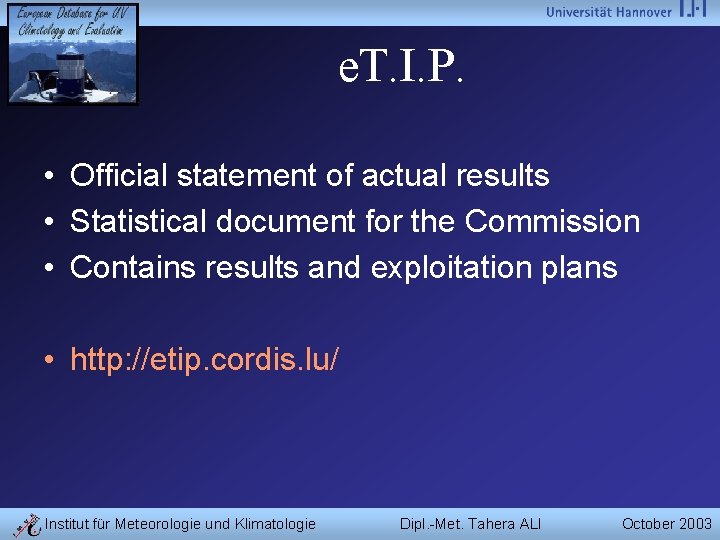 e. T. I. P. • Official statement of actual results • Statistical document for