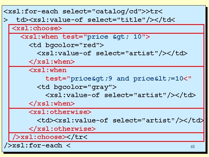 <xsl: for-each select="catalog/cd">>tr< > td><xsl: value-of select="title"/></td< <xsl: choose> <xsl: when test="price > 10">