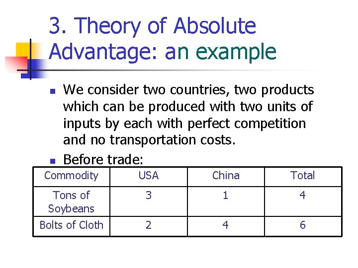 3. Theory of Absolute Advantage: an example n n We consider two countries, two