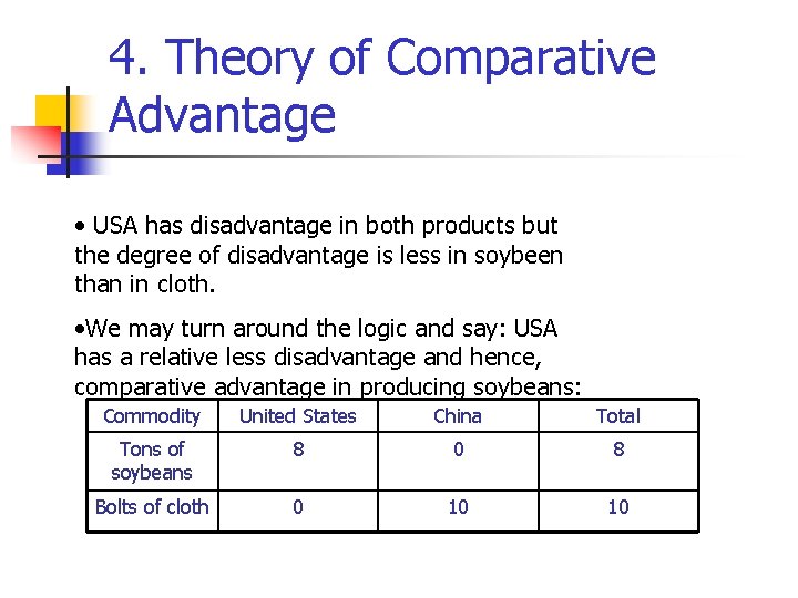 4. Theory of Comparative Advantage • USA has disadvantage in both products but the
