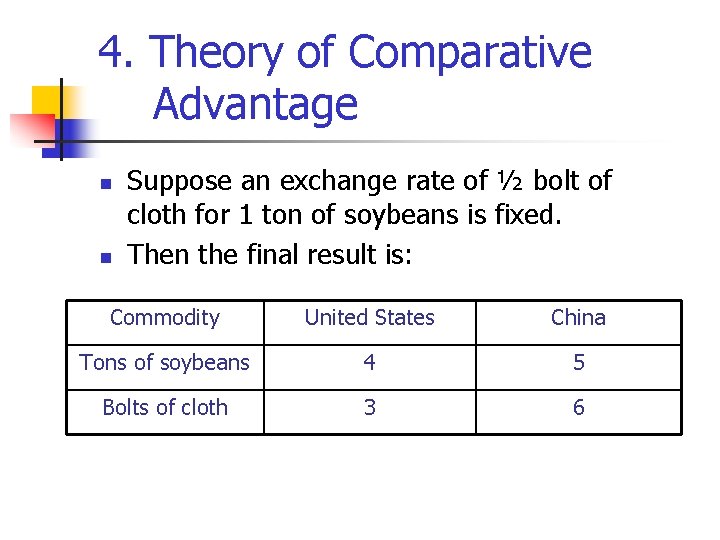 4. Theory of Comparative Advantage n n Suppose an exchange rate of ½ bolt