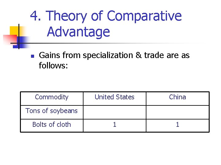 4. Theory of Comparative Advantage n Gains from specialization & trade are as follows: