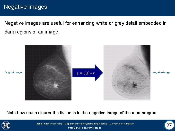 Negative images are useful for enhancing white or grey detail embedded in dark regions