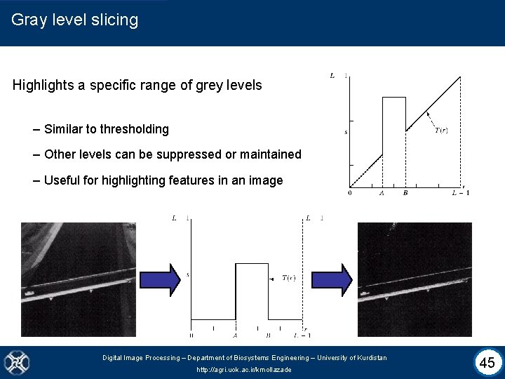 Gray level slicing Highlights a specific range of grey levels – Similar to thresholding