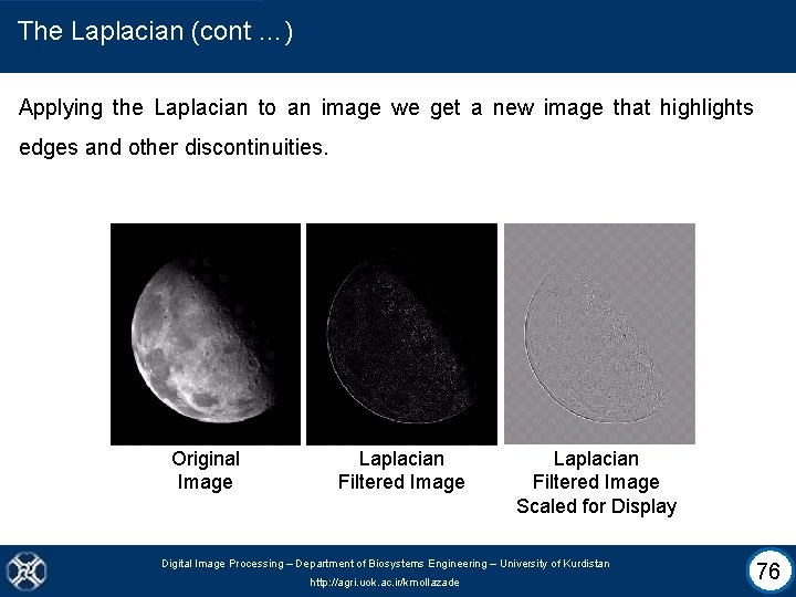 The Laplacian (cont …) Applying the Laplacian to an image we get a new