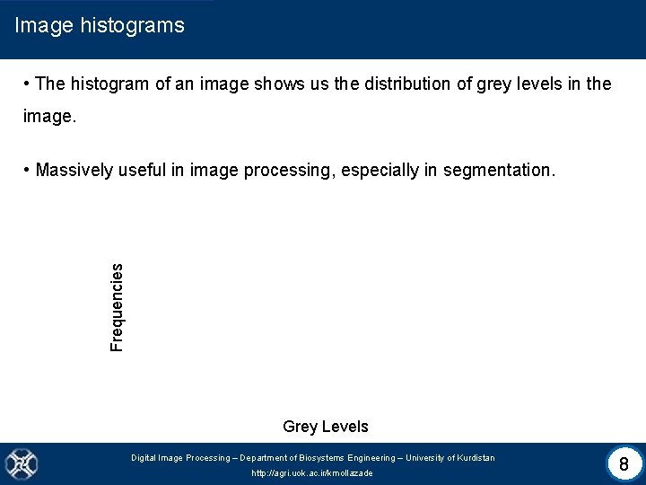 Image histograms • The histogram of an image shows us the distribution of grey