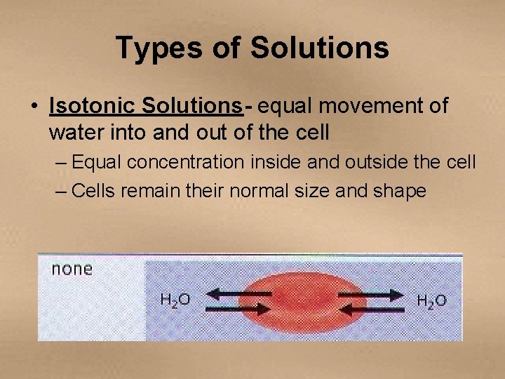 Types of Solutions • Isotonic Solutions- equal movement of water into and out of
